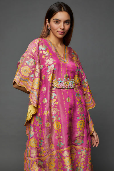 Pink Silk Hand Printed & Embroidered Kaftan Set