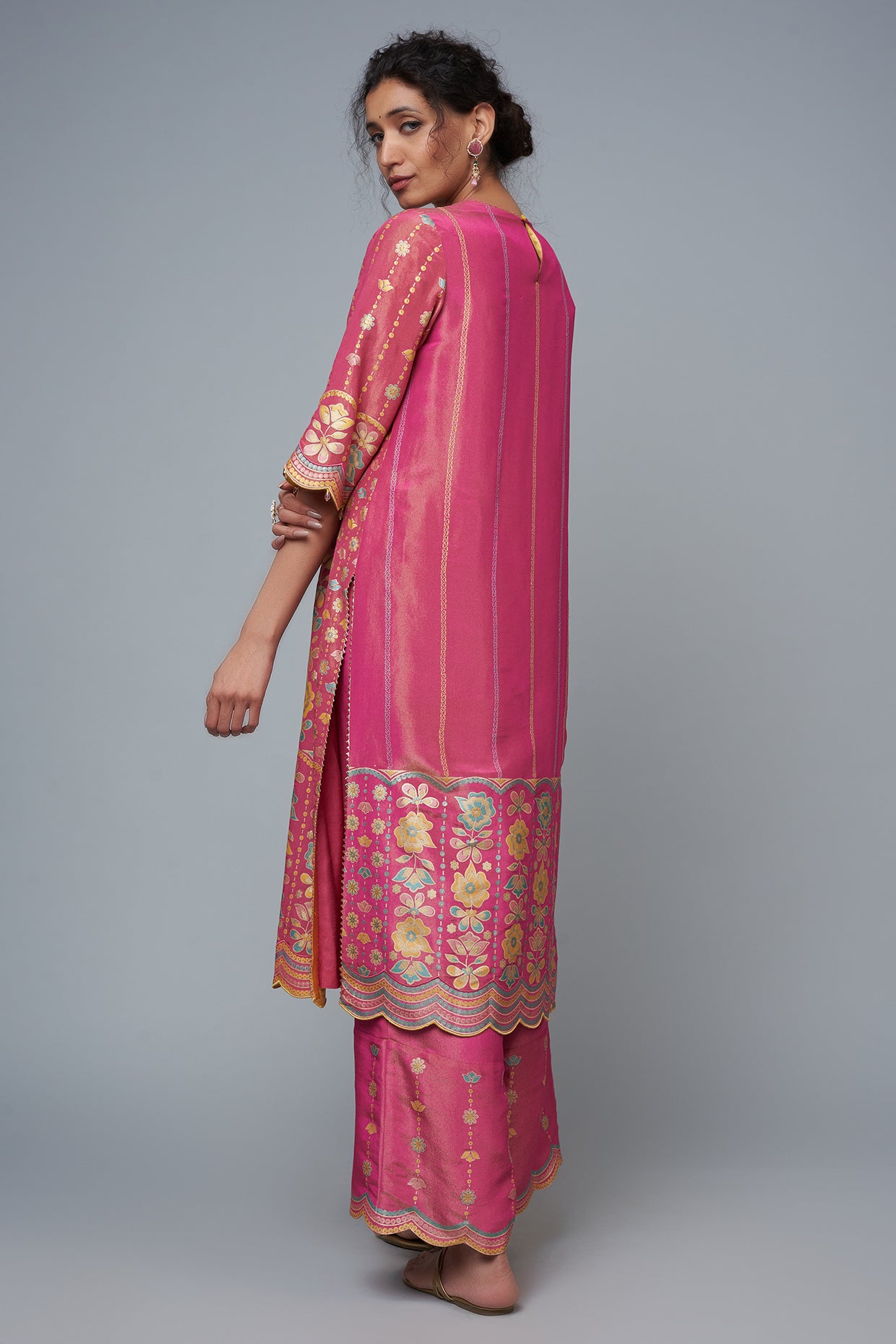 Hot Pink Silk Blend Floral Printed Kurta Set