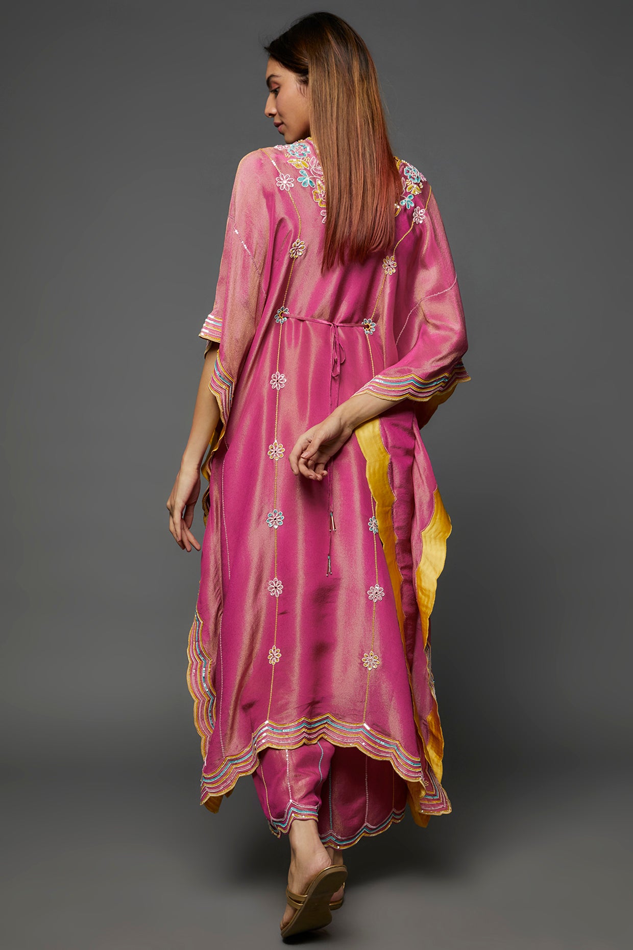 Pink Silk Blend Hand Embroidered Kaftan Set