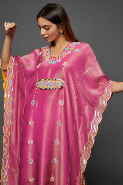 Pink Silk Blend Hand Embroidered Kaftan Set