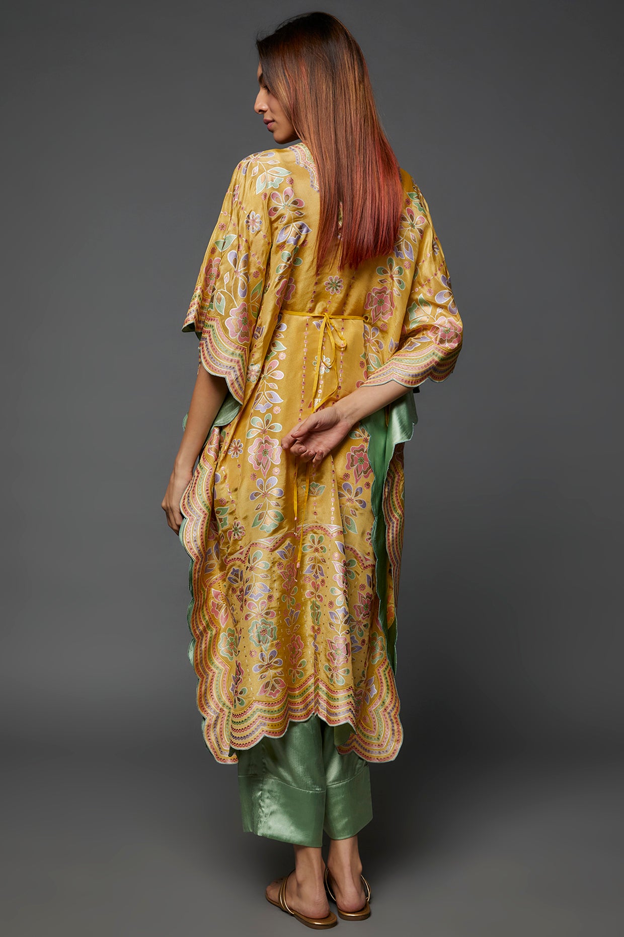 Pastel Yellow Silk Hand Printed & Embroidered Kaftan Set