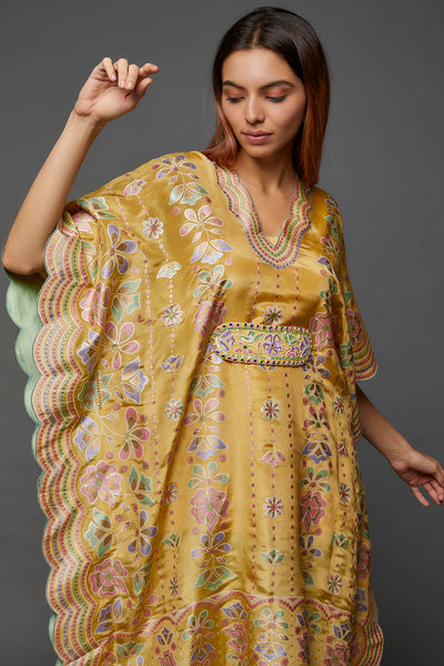 Pastel Yellow Silk Hand Printed & Embroidered Kaftan Set