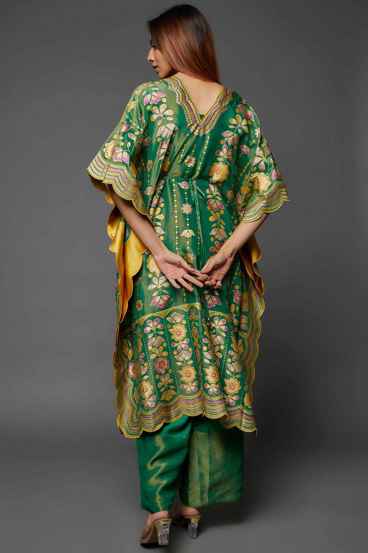 Green Silk Hand Printed & Embroidered Kaftan Set