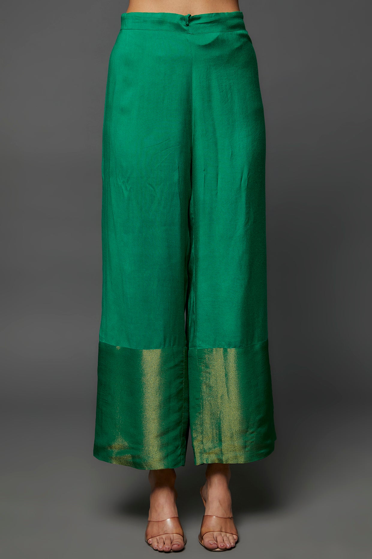 Green Silk Hand Printed & Embroidered Kaftan Set