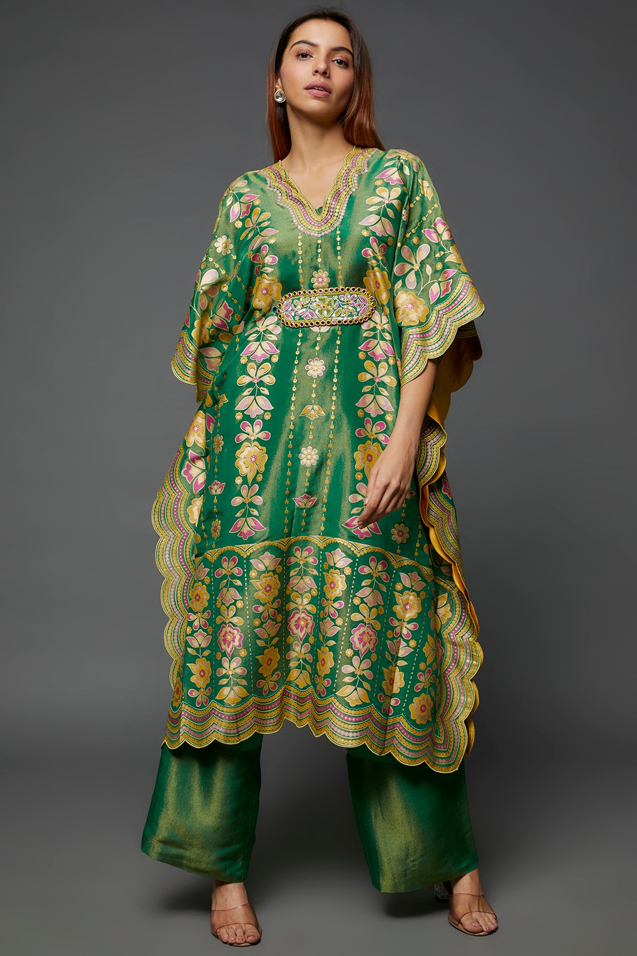 Green Silk Hand Printed & Embroidered Kaftan Set