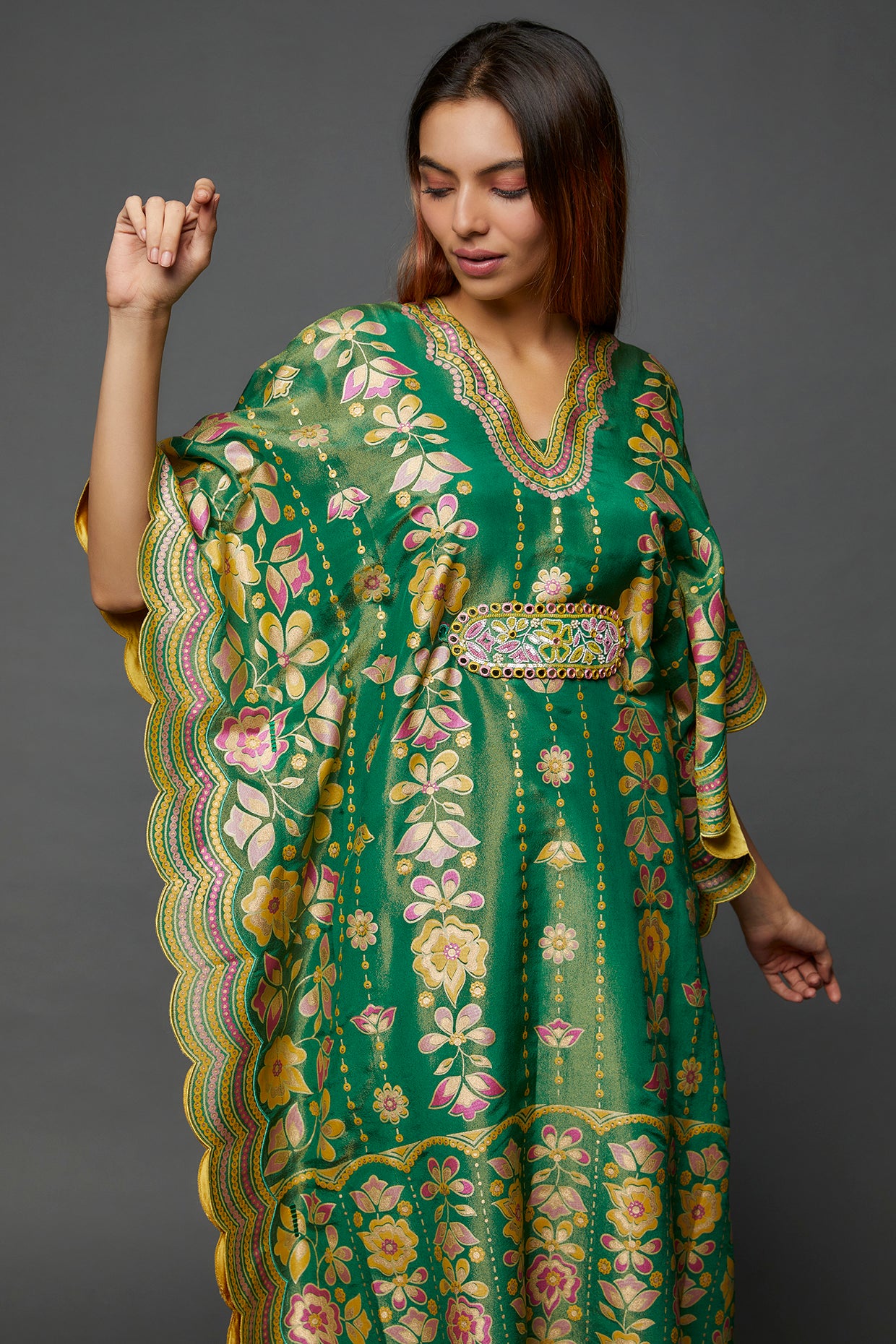 Green Silk Hand Printed & Embroidered Kaftan Set