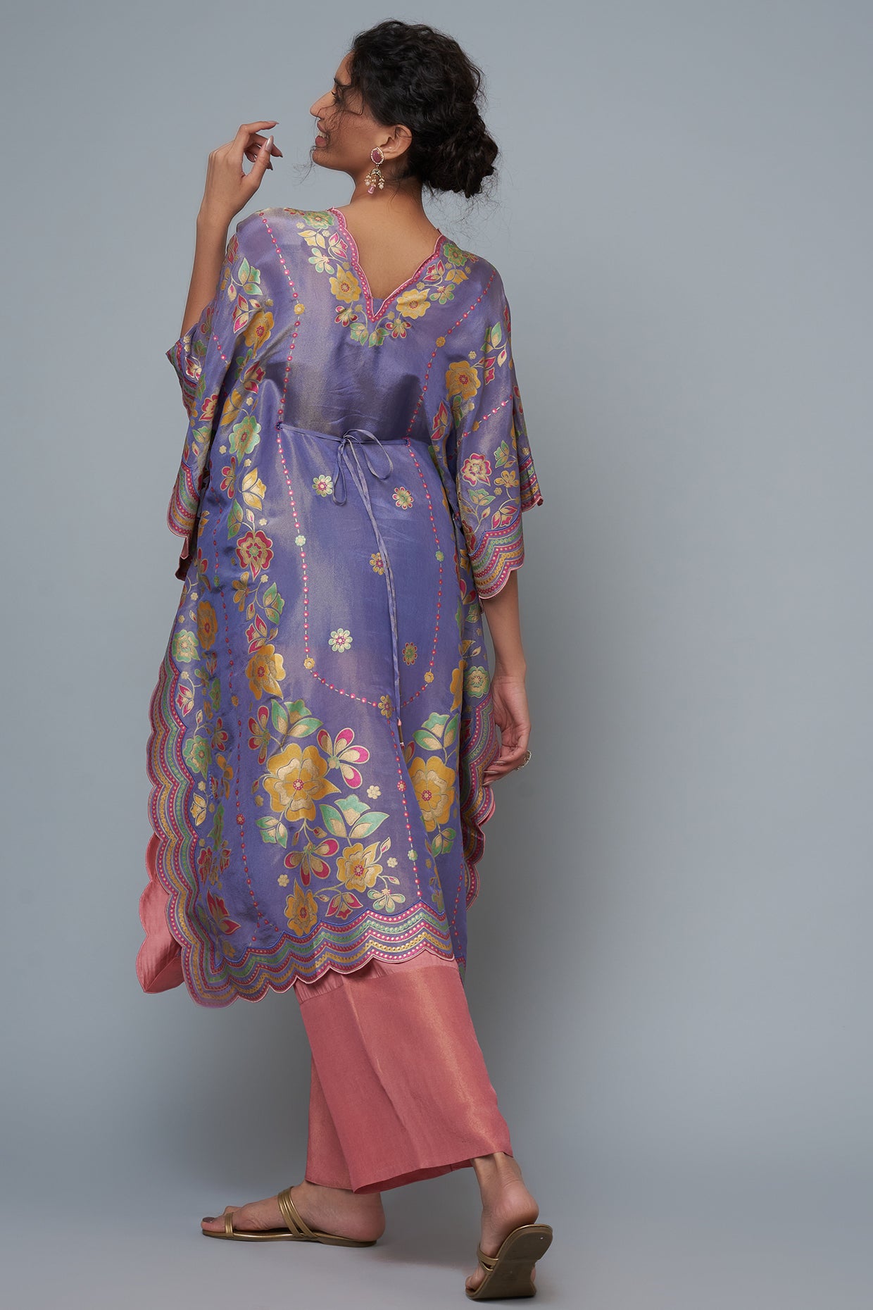 Mauve Silk Blend Printed & Embroidered Kaftan Set