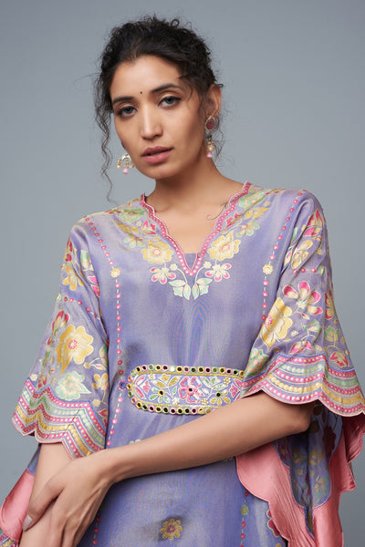 Mauve Silk Blend Printed & Embroidered Kaftan Set