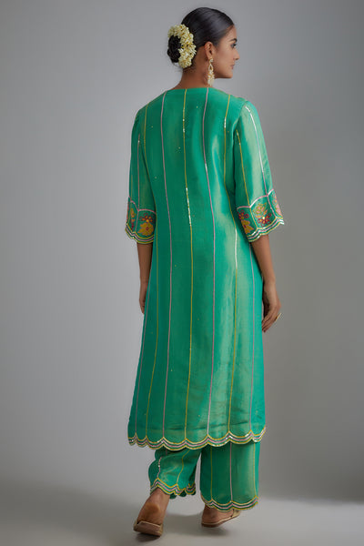 Green Silk Zari Hand Embroidered Kurta Set