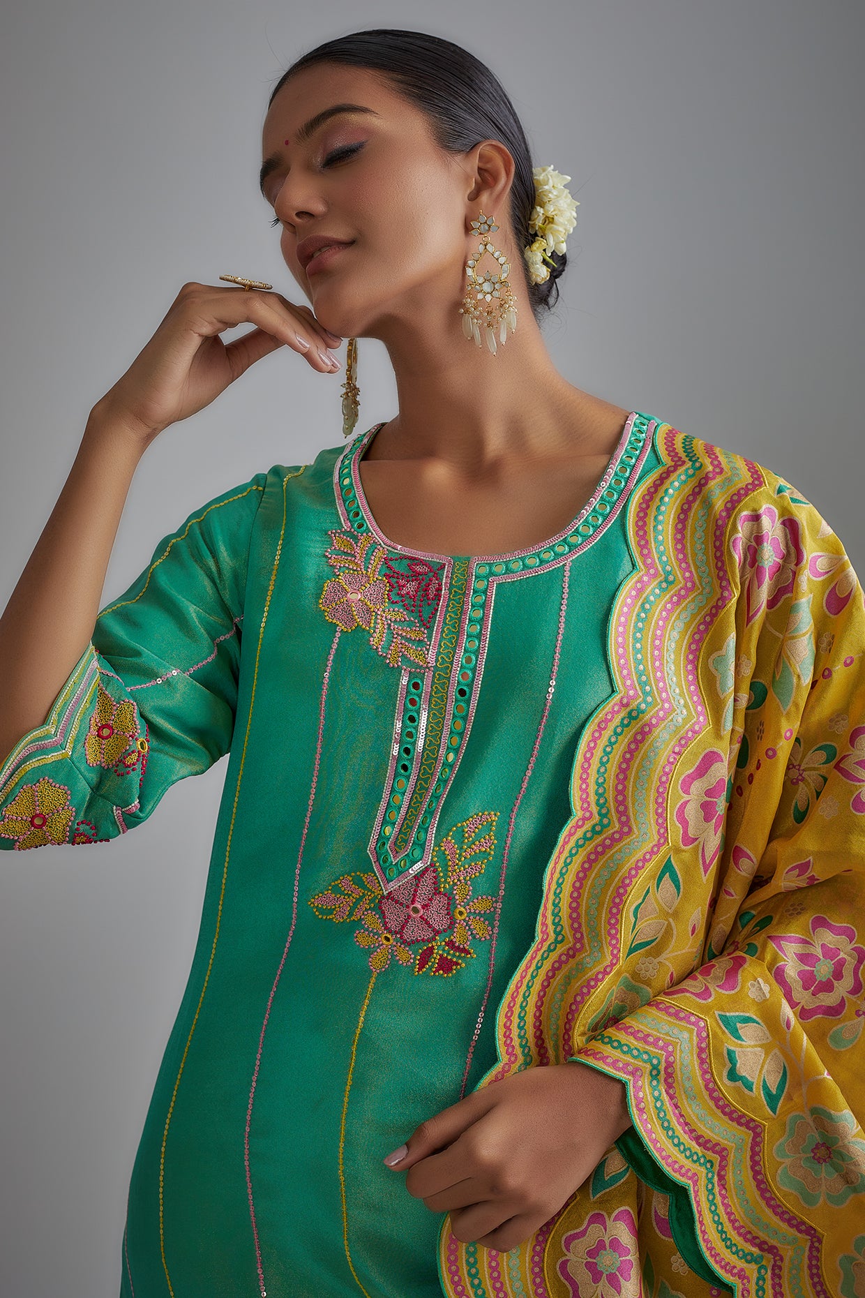 Green Silk Zari Hand Embroidered Kurta Set