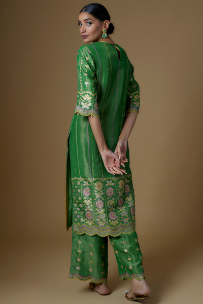 Green Silk Zari Hand Printed Kurta Set