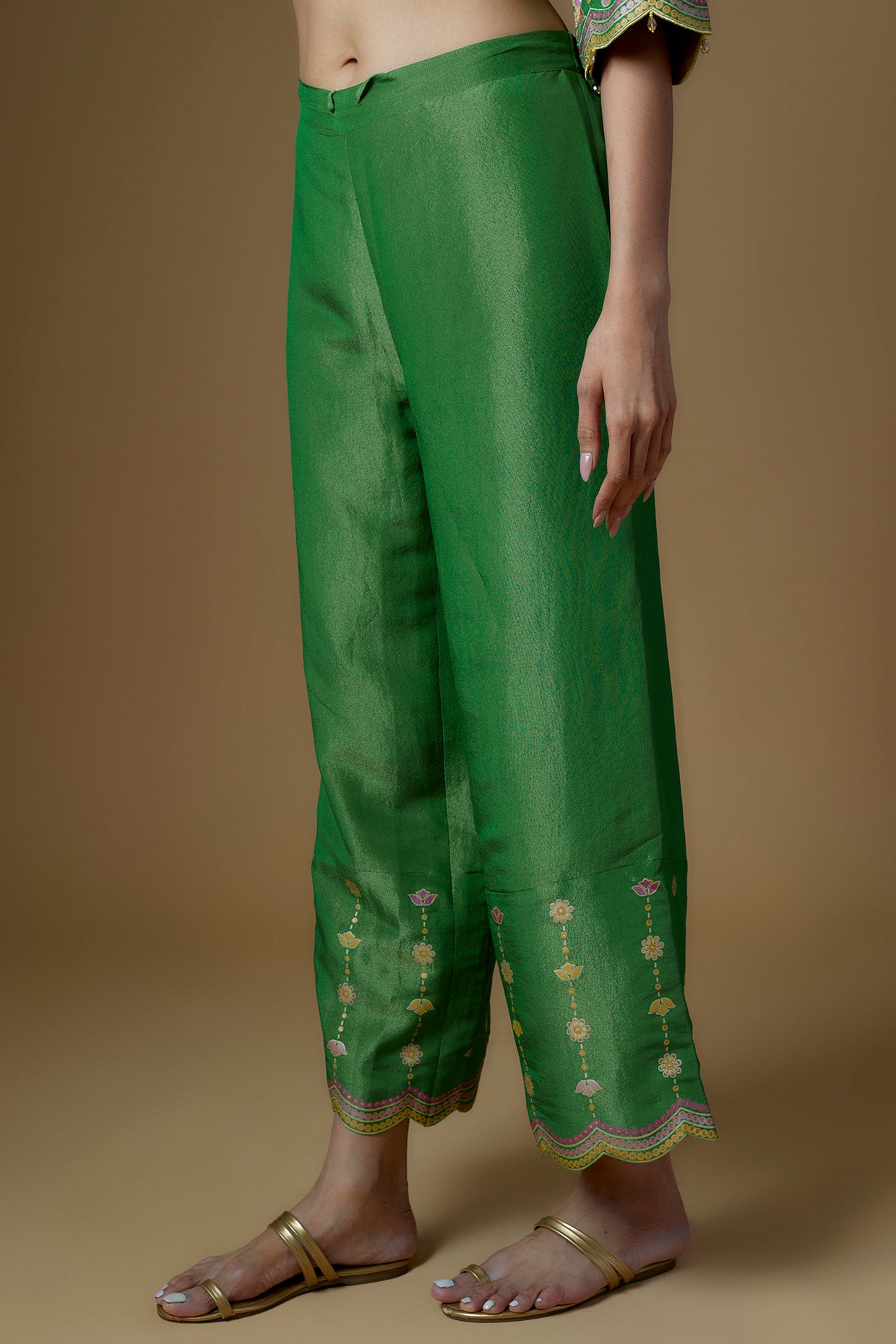 Green Silk Zari Hand Printed Kurta Set