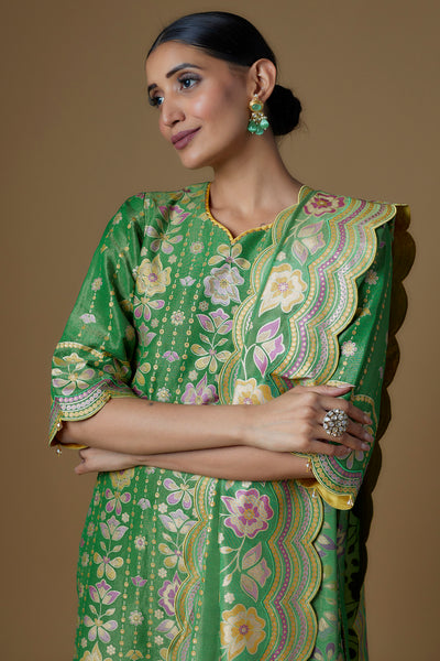 Green Silk Zari Hand Printed Kurta Set