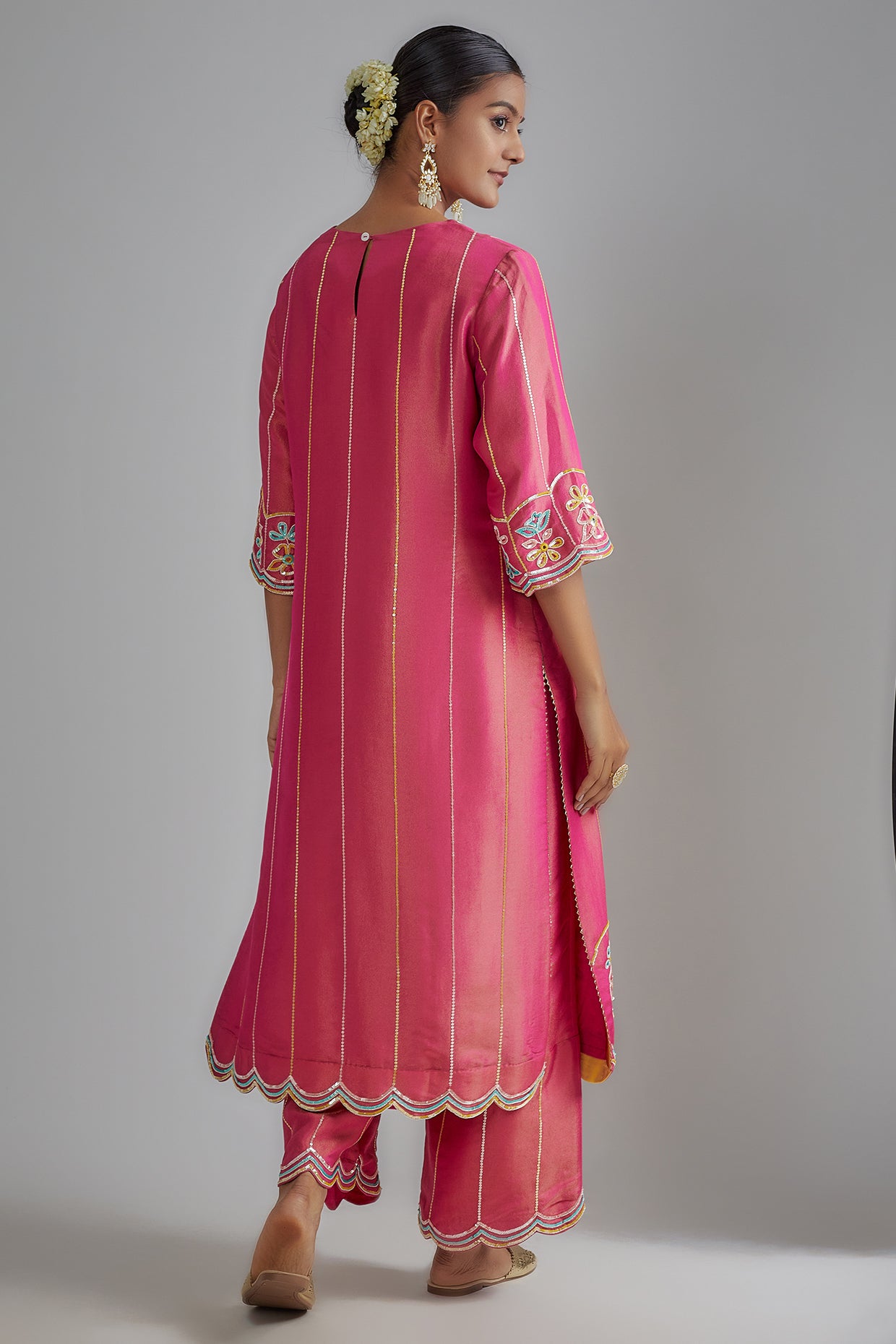 Hot Pink Silk Zari Hand Embroidered Kurta Set