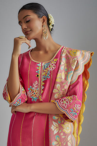 Hot Pink Silk Zari Hand Embroidered Kurta Set