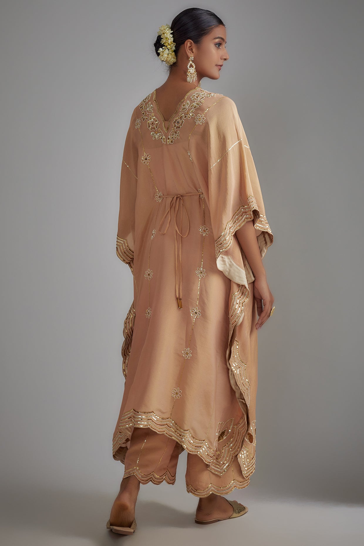 Rose Gold Silk Zari Hand Printed Kaftan Set