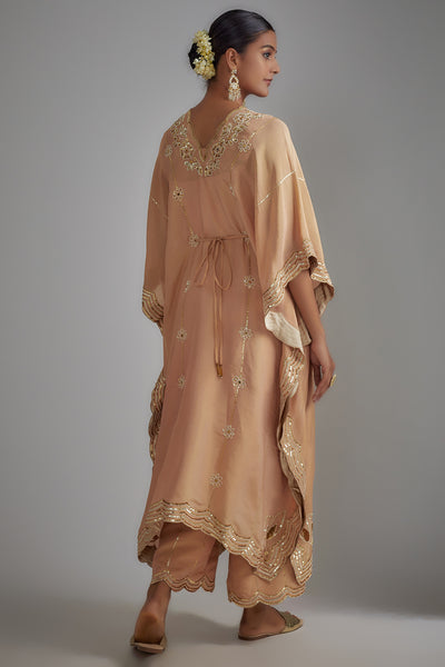 Rose Gold Silk Zari Hand Printed Kaftan Set