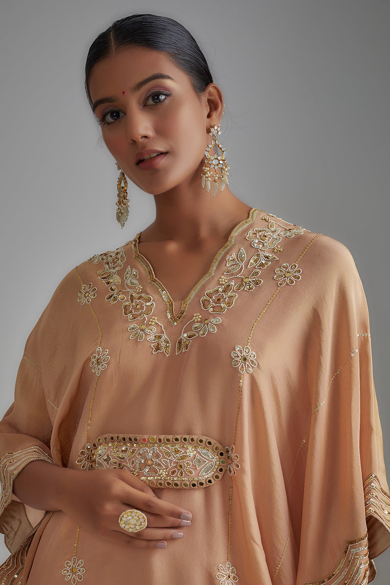 Rose Gold Silk Zari Hand Printed Kaftan Set