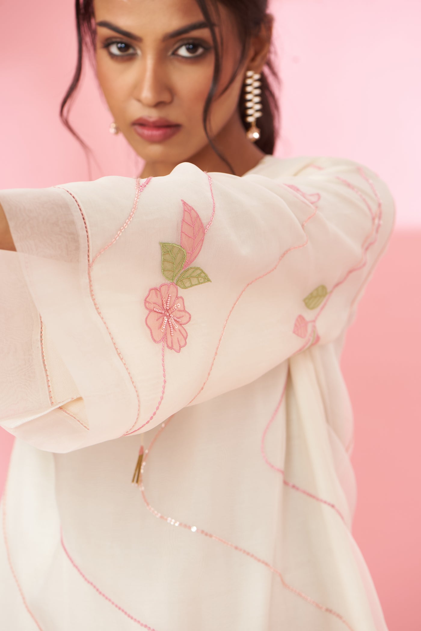 Colorful floral applique work and hand embroidered suit set