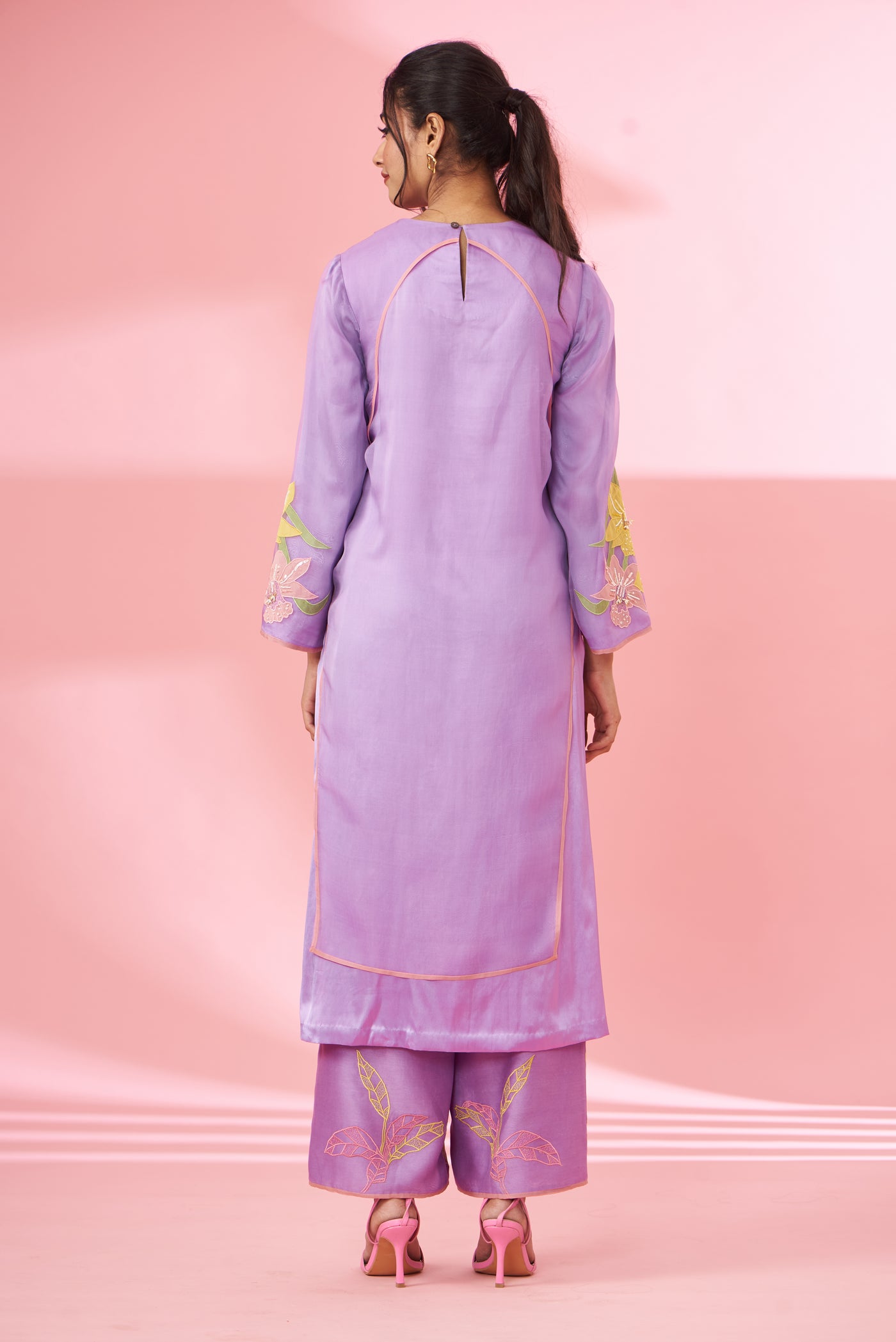 Colorful floral applique work and hand embroidered kurta set
