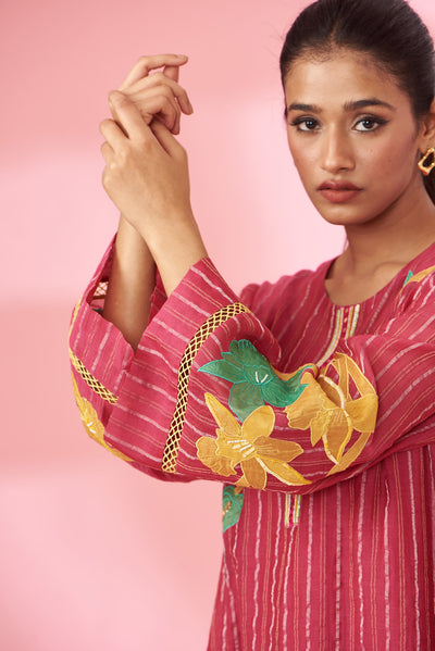 Colorful floral applique work and hand embroidered suit set