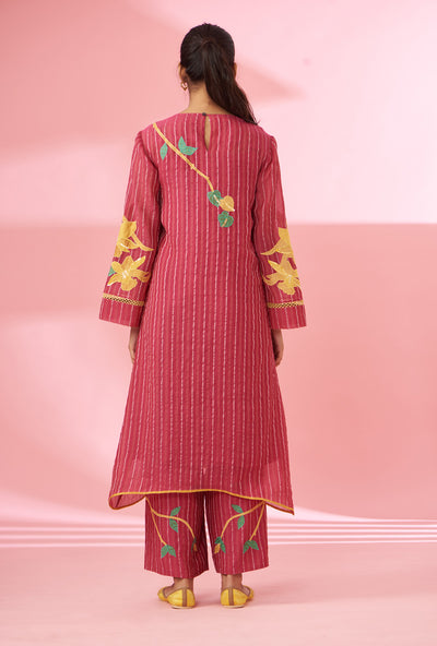 Colorful floral applique work and hand embroidered suit set