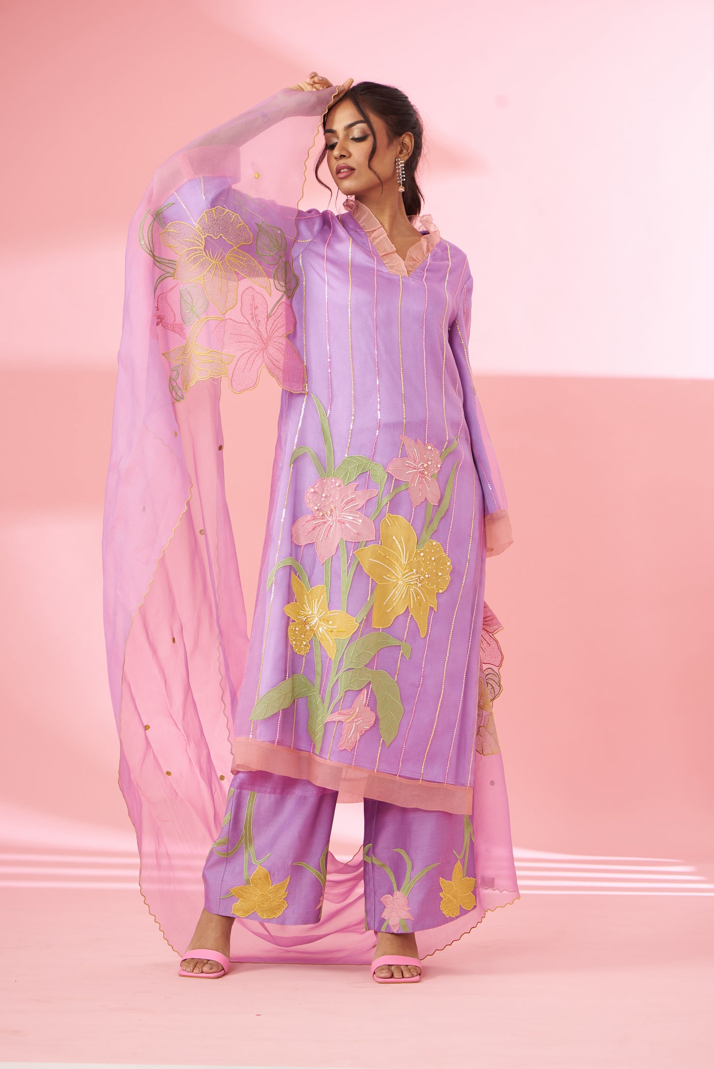 Colorful floral applique work and hand embroidered kurta set