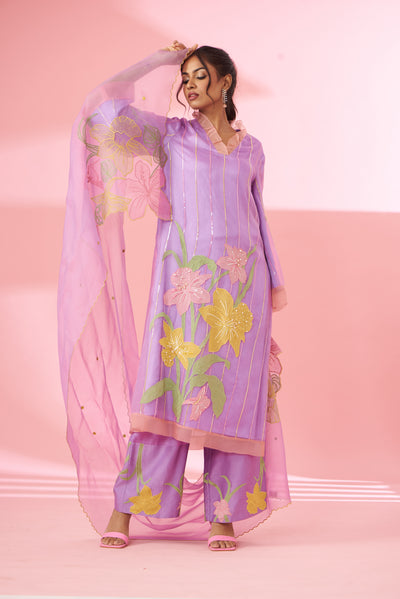 Colorful floral applique work and hand embroidered kurta set