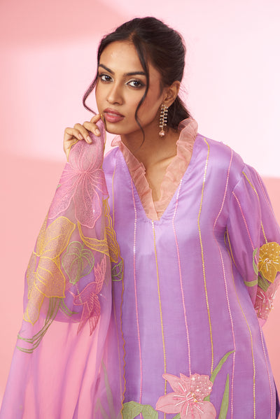 Colorful floral applique work and hand embroidered kurta set