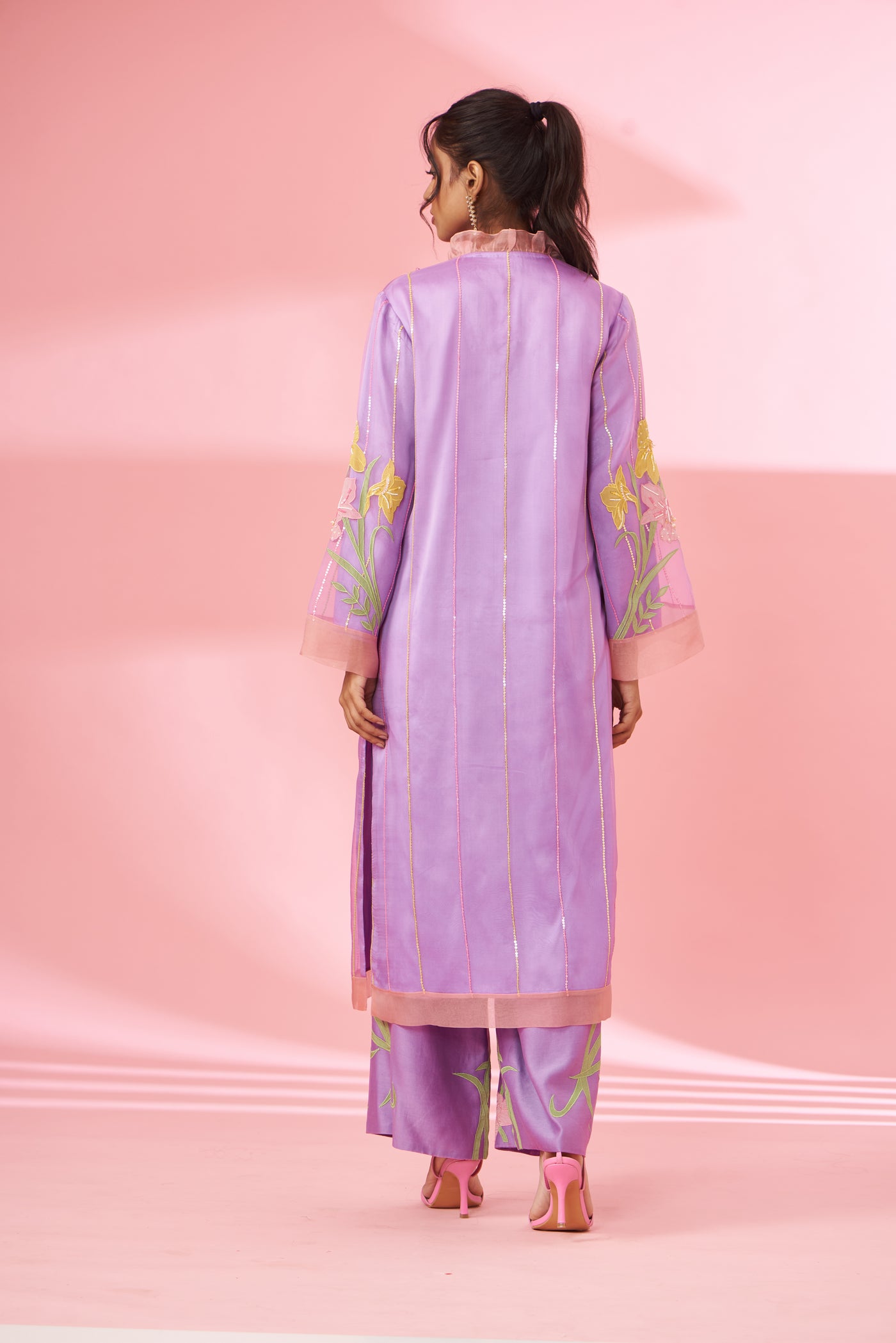 Colorful floral applique work and hand embroidered kurta set