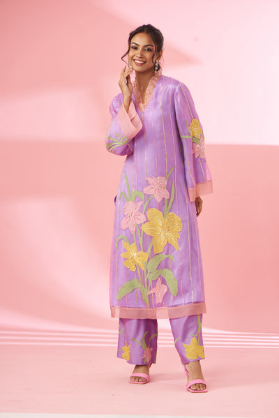 Colorful floral applique work and hand embroidered kurta set