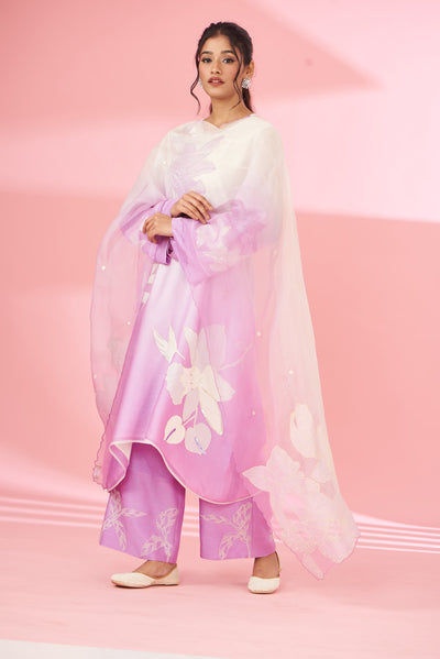Colorful floral applique work and hand embroidered suit set