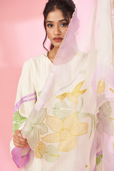 Colorful floral applique work and hand embroidered suit set