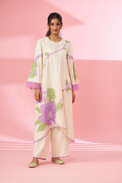 Colorful floral applique work and hand embroidered suit set