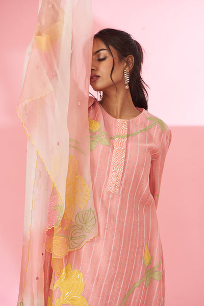 Colorful floral applique work and hand embroidered suit set