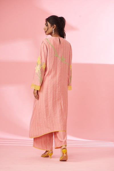 Colorful floral applique work and hand embroidered suit set