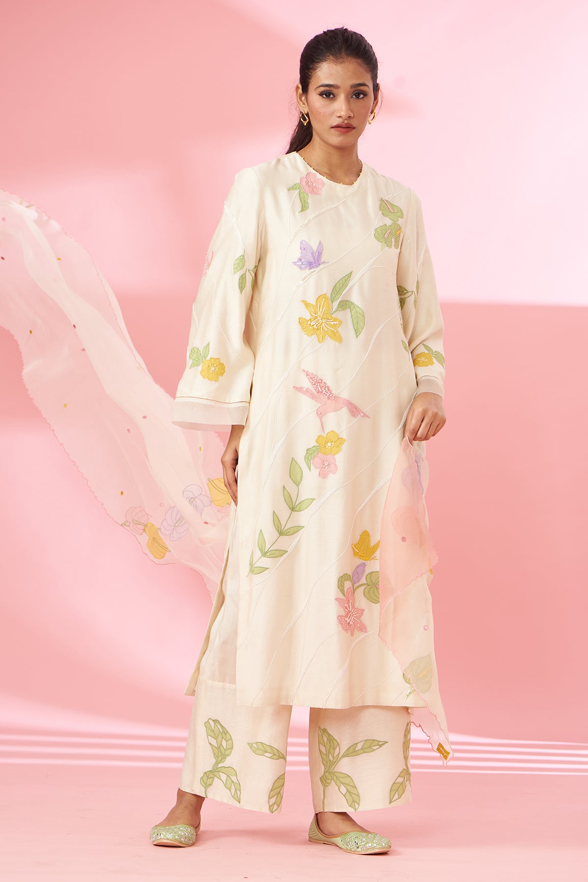 Colorful floral applique work and hand embroidered suit set