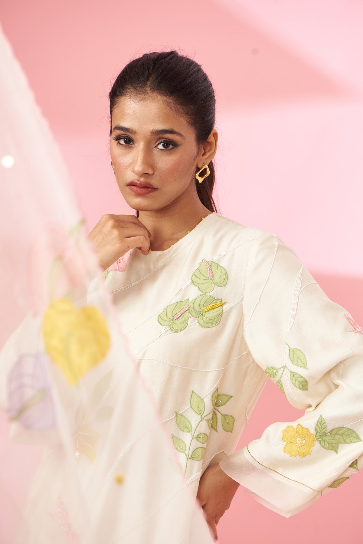 Colorful floral applique work and hand embroidered suit set