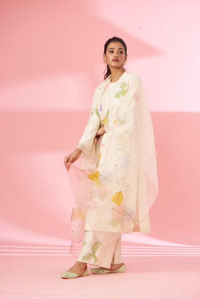 Colorful floral applique work and hand embroidered suit set