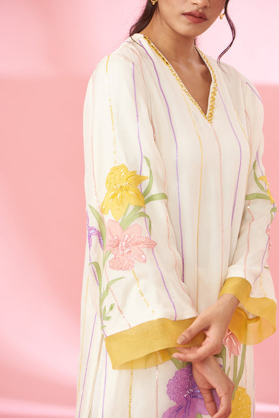 Colorful floral applique work and hand embroidered suit set