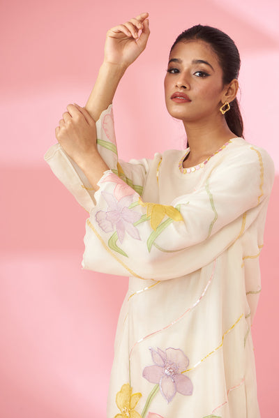 Colorful floral applique work and hand embroidered suit set