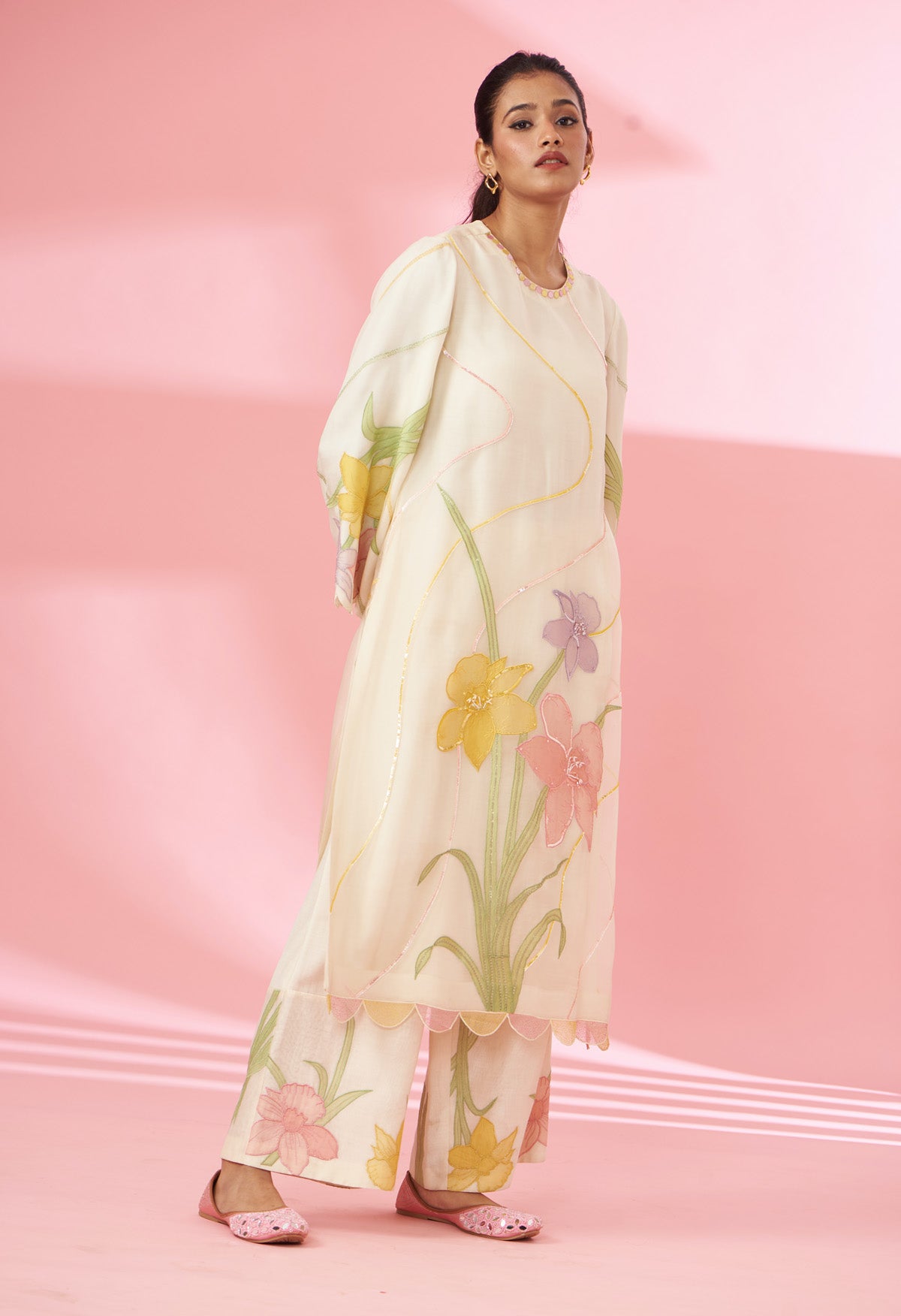 Colorful floral applique work and hand embroidered suit set