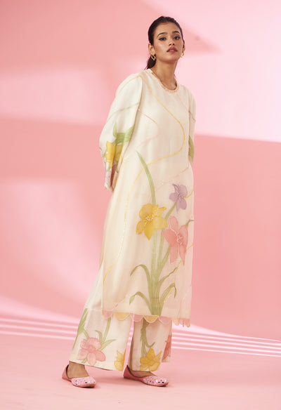Colorful floral applique work and hand embroidered suit set
