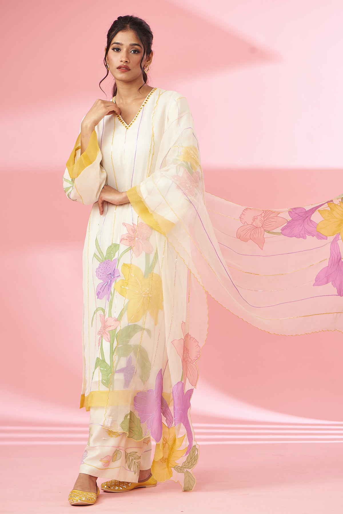 Colorful floral applique work and hand embroidered suit set