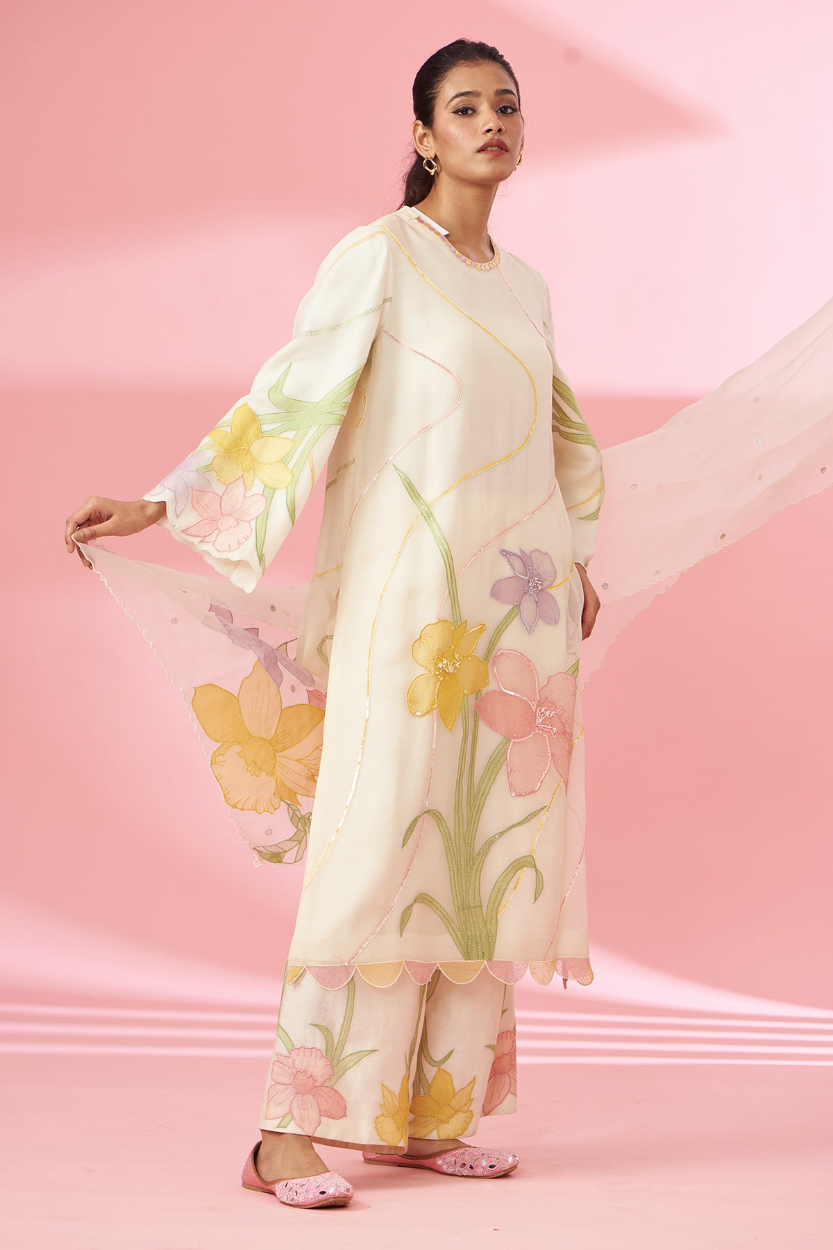 Colorful floral applique work and hand embroidered suit set