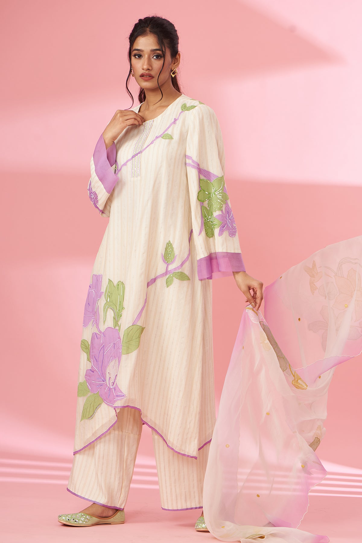 Colorful floral applique work and hand embroidered suit set