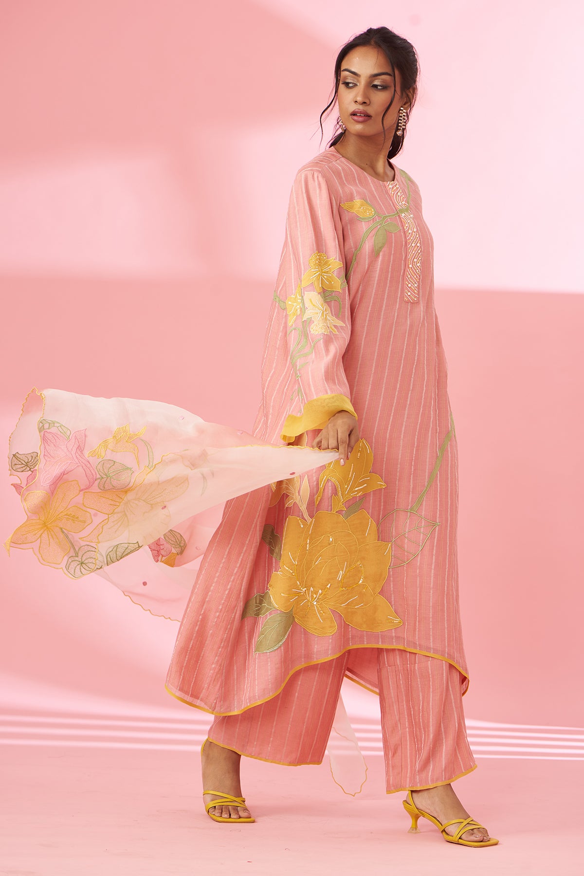 Colorful floral applique work and hand embroidered suit set