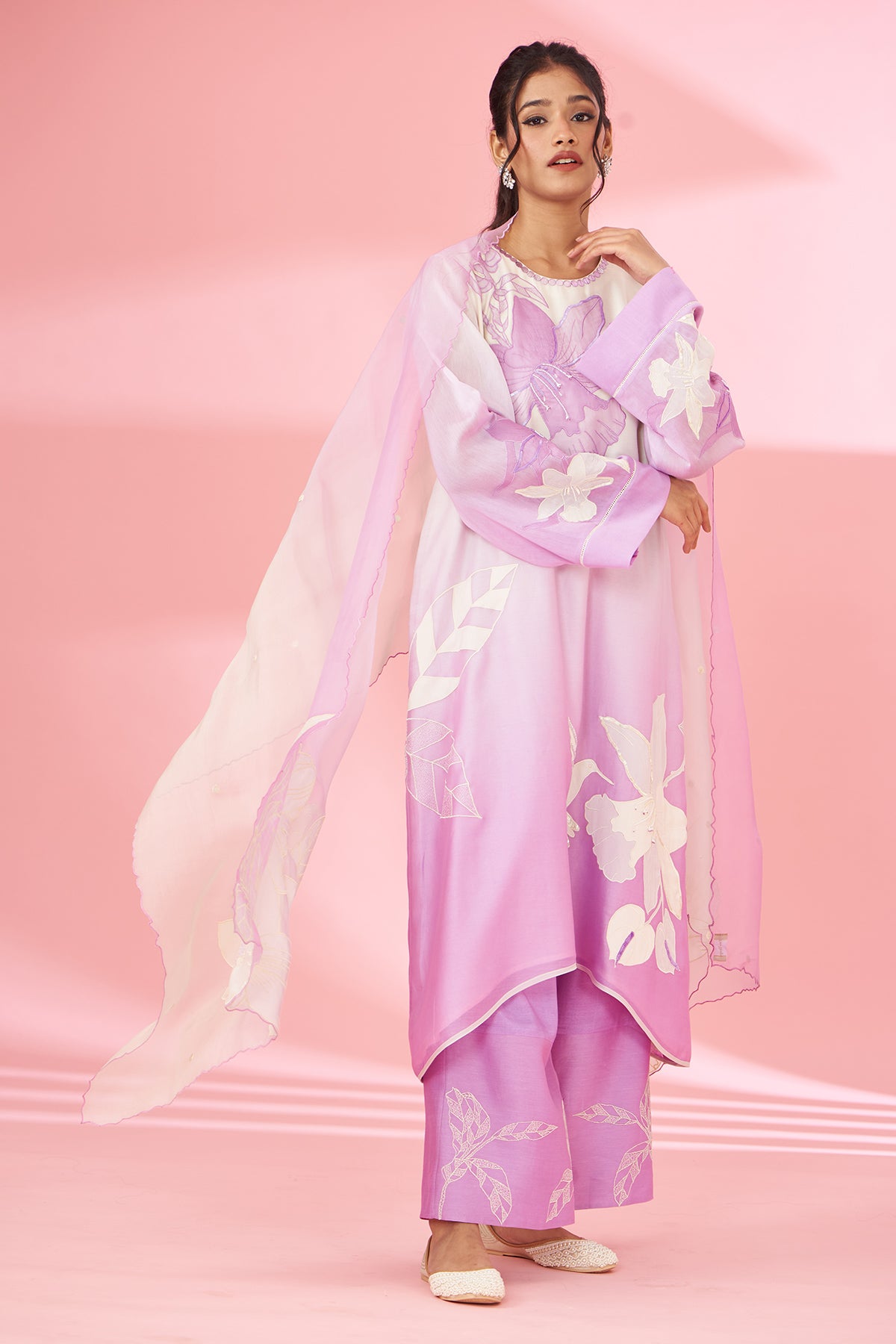 Colorful floral applique work and hand embroidered suit set