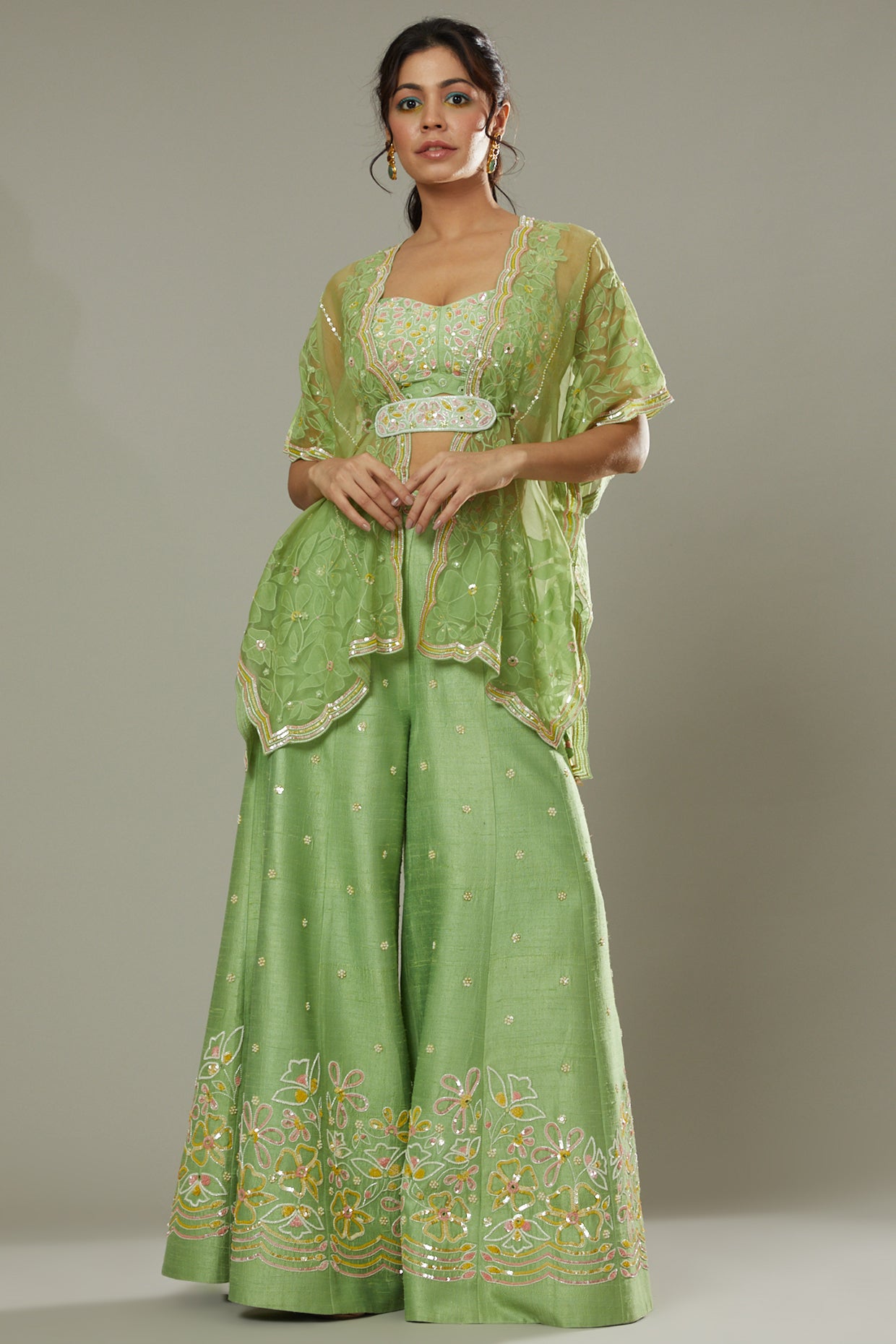 Green apple candy hand embroidered and applique work sharara cum plazzo set