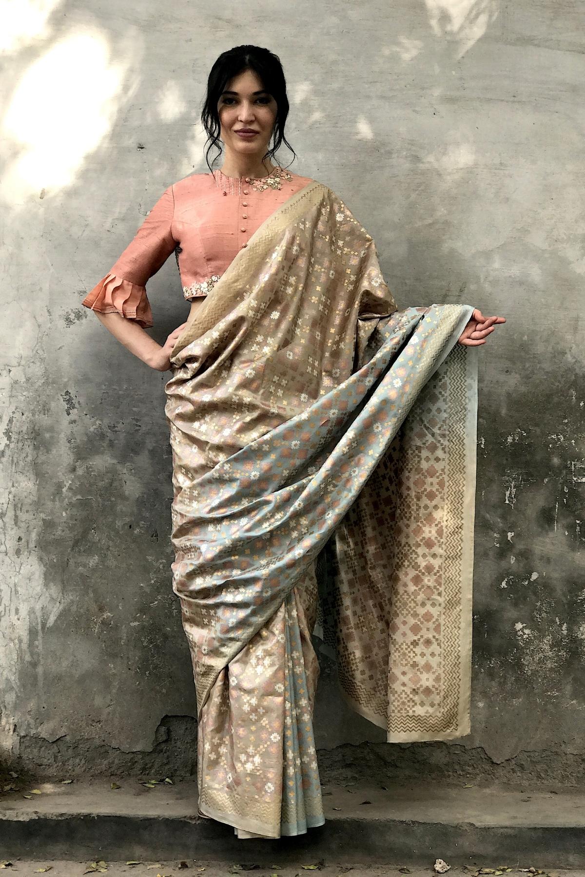 Beige & Mint Ombre Ikat Printed Silk Saree Only